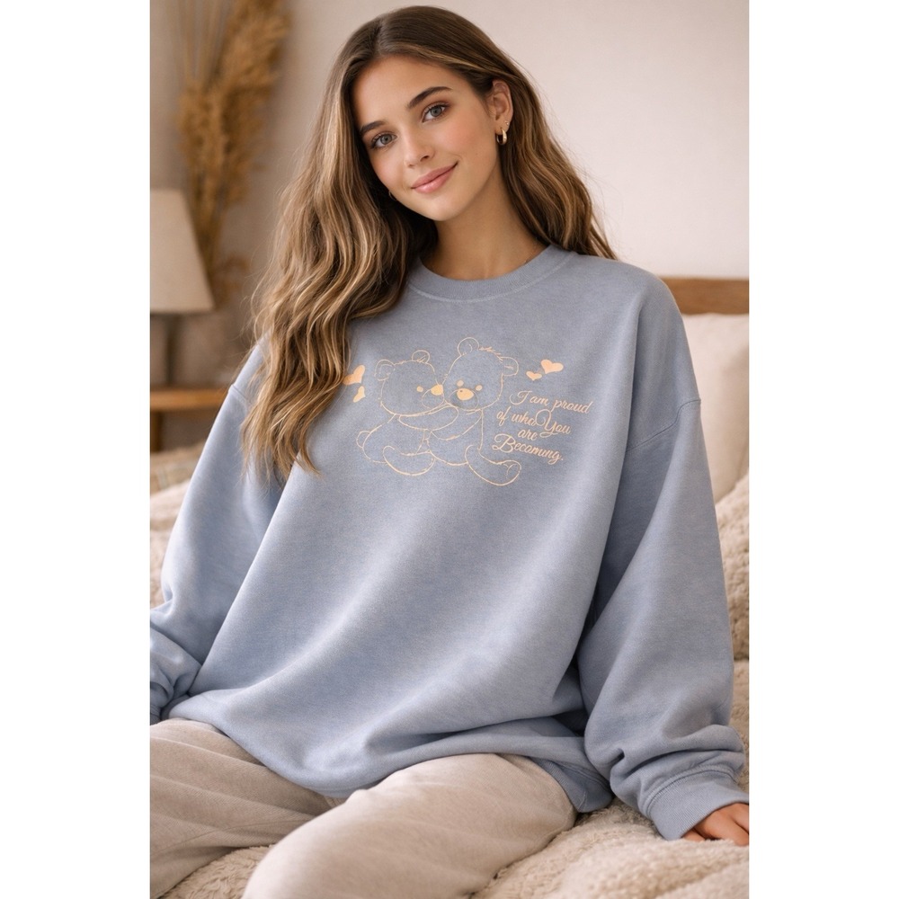 Golden Hour Teddy Bear‎ Sweatshirt Womens L XL Blue Affirmation Cozy Crewneck